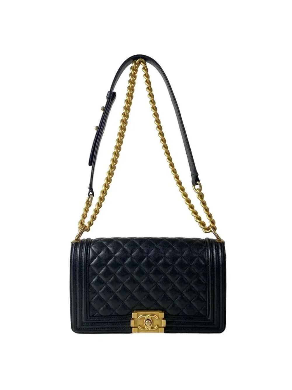 Chanel Shoulder Bag Boy Quilted Black Chain Vintage Gold